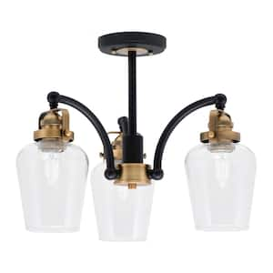 Decatur 15 in. 3 Light Black and Brass Semi-Flush with 5 in. Clear Bubble Glass Shade No Bulbs Included