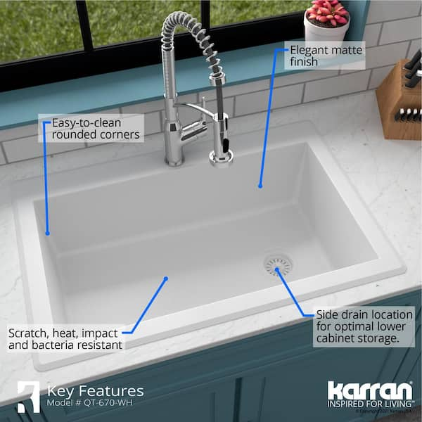 Karran QT-812 Quartz 33 in. Large Single Bowl Drop-In Kitchen Sink in White