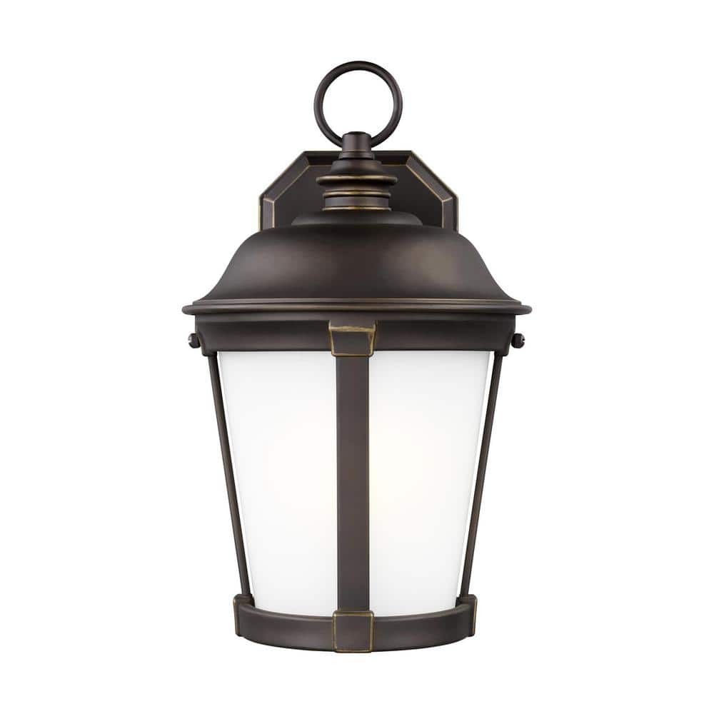 Antique Bronze LED Outdoor Wall Lantern with Satin Etched Glass Shade