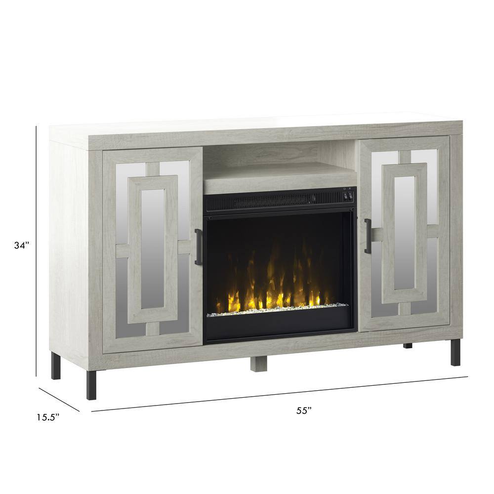 White TV Stand with Electric Fireplace and Mirrored Cabinet Doors