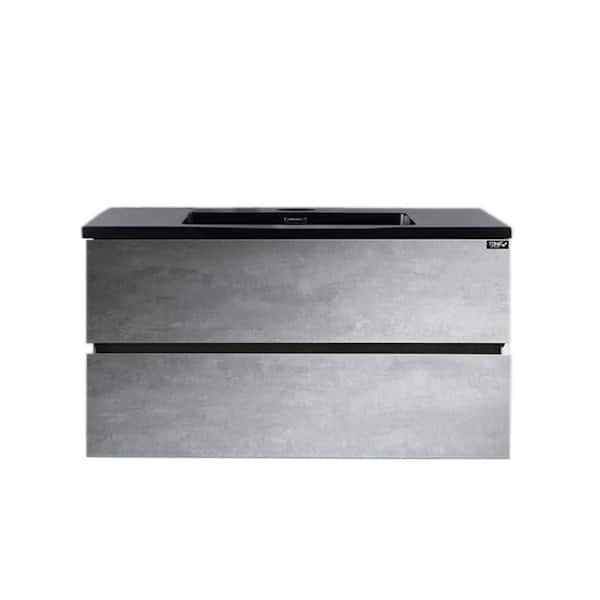 19 in. D x 20 in. H Wall-Mounted Bathroom Vanity in Cement Gray Panel with Matt Black Quartz Vanity Top with Sink