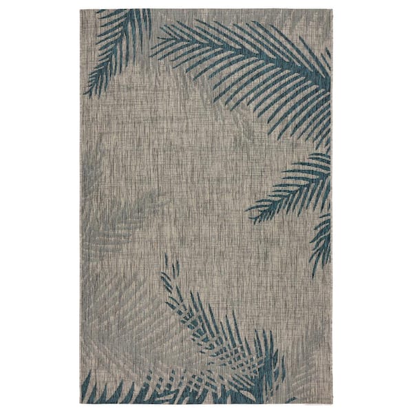 LR Home Camila Tropical Gray/Blue 5 ft. x 7 ft. Palm Polypropylene Indoor/Outdoor Area Rug