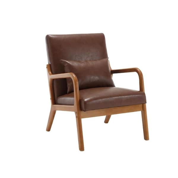 HOMEFUN Mid Century Modern Brown PU Upholstered Wooden Frame Accent Armchair with Pillow and Cushion