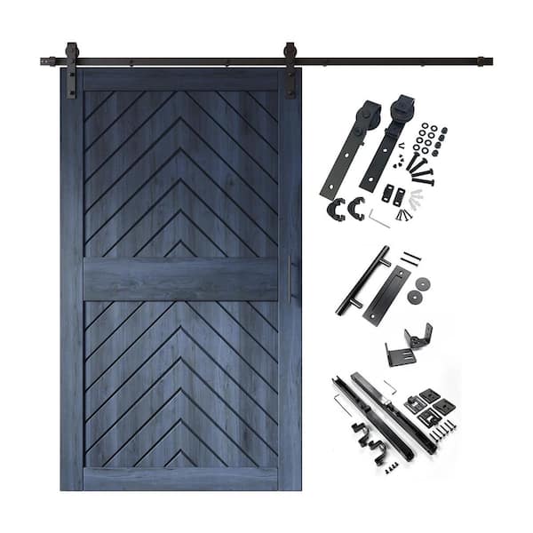 JT1 42 in. x 84 in. C-Panel Navy Fishbone Design Solid Pine Wood Sliding Barn Door with Hardware Kit