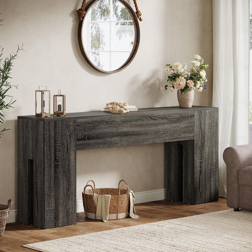 BYBLIGHT Turrella 71 in. Gray Rectangle Wood Console Table with Thick ...
