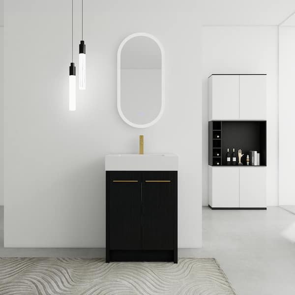 24 in. Freestanding Bath Vanity with White Resin Top and Soft Close Doors in Black