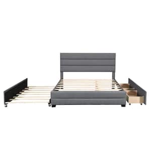 64.4 in. W Gray Wood Frame Queen Upholstered Platform Bed with Drawer, Trundle