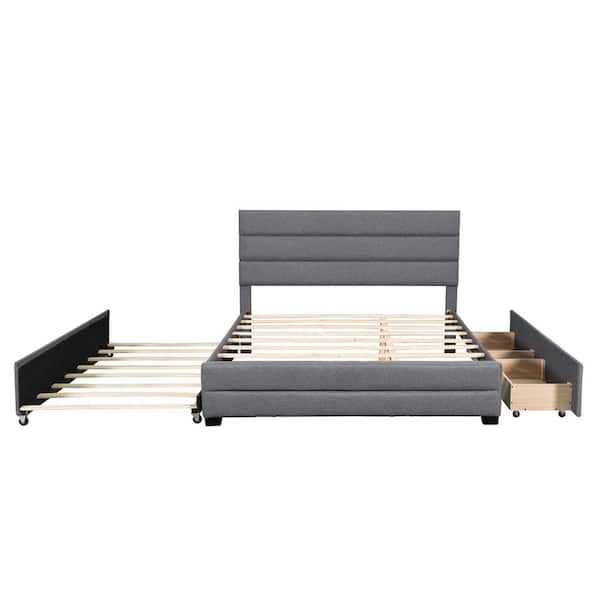 Z-joyee 64.4 in. W Gray Wood Frame Queen Upholstered Platform Bed with Drawer, Trundle