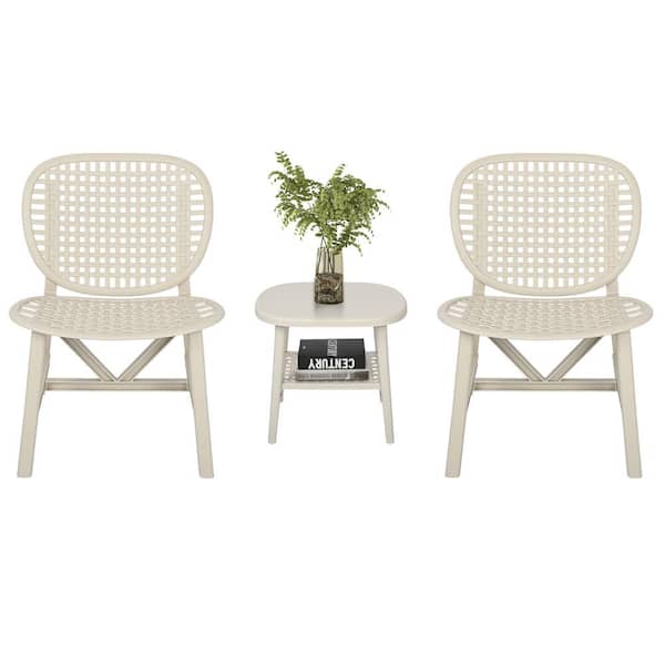 Unbranded White 3-Piece Plastic Outdoor Patio Conversation Chair Set with Table for Garden Poolside and Backyard