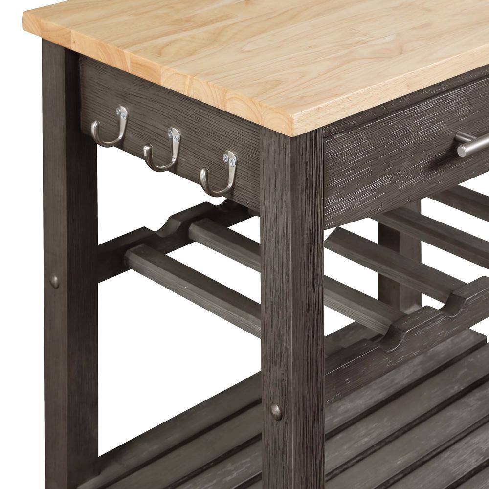 Gray Rubberwood Butcher Block Kitchen Cart with Wine Rack