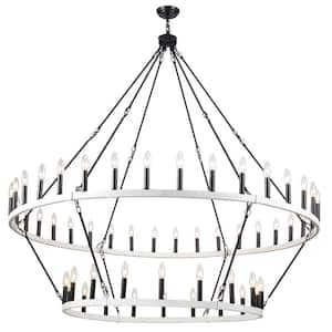 54-Light Black & Distressed White Large Farmhouse Wagon Wheel Chandelier