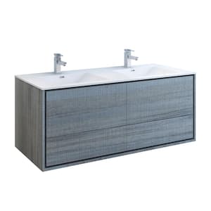 Catania 60 in. Modern Double Wall Hung Bath Vanity in Ocean Gray with Vanity Top in White with White Basins
