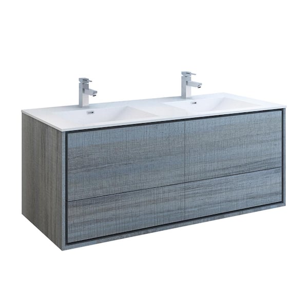 Fresca Catania 60 in. Modern Double Wall Hung Bath Vanity in Ocean Gray with Vanity Top in White with White Basins