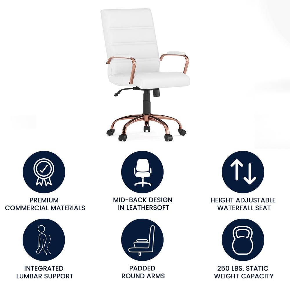 Mid-Back White LeatherSoft Executive Chair with Rose Gold Metal Base