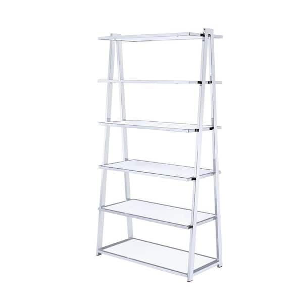 Acme Furniture 71 in. White/Chrome Metal 6-shelf Ladder Bookcase
