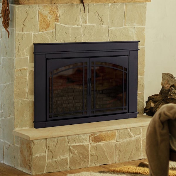 Pleasant Hearth Fenwick Medium Black Glass Fireplace Doors