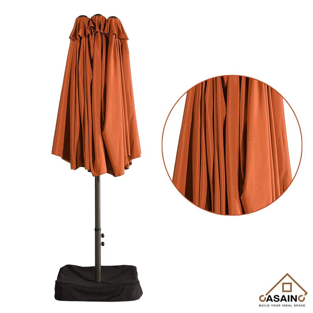 15 ft. Orange Aluminum Double-Sided Market Patio Umbrella with Base