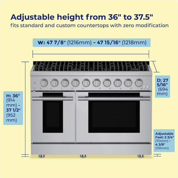 HausPro 48 in. 8-Burners Gas Range in Stainless Steel with 20,000 BTU and Double Oven with 5-Rack Positions Satin Brass