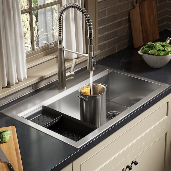 Lassen 33 in. Drop-in Single Bowl Stainless Steel Kitchen Workstation Sink with Faucet and Accessories