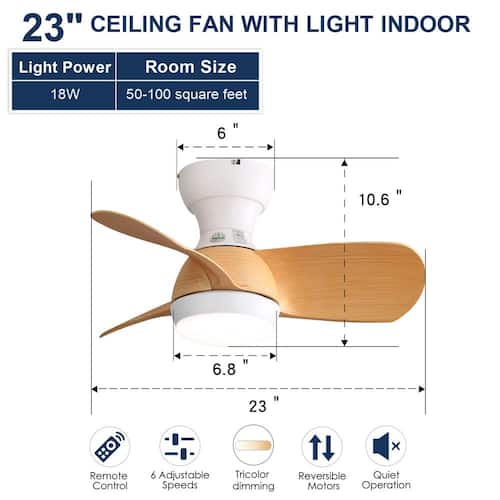 23 in. Indoor White Mini Ceiling Fan with Dimmable Integrated LED and 3 ABS Blades Ceiling Fans