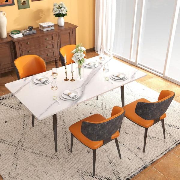 (Set of 4) Mid-Century Modern PU Leather Upholstered Dining Chairs in Orange