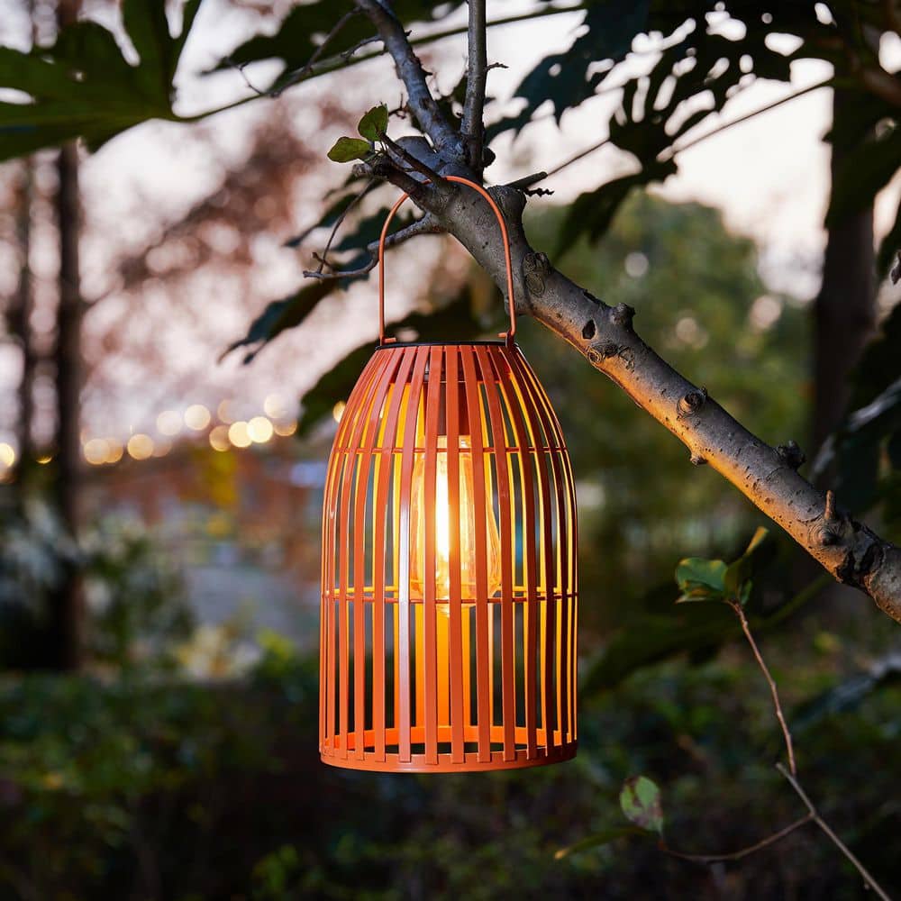 9.75" Orange Metal Woven Solar Powered Outdoor Lantern