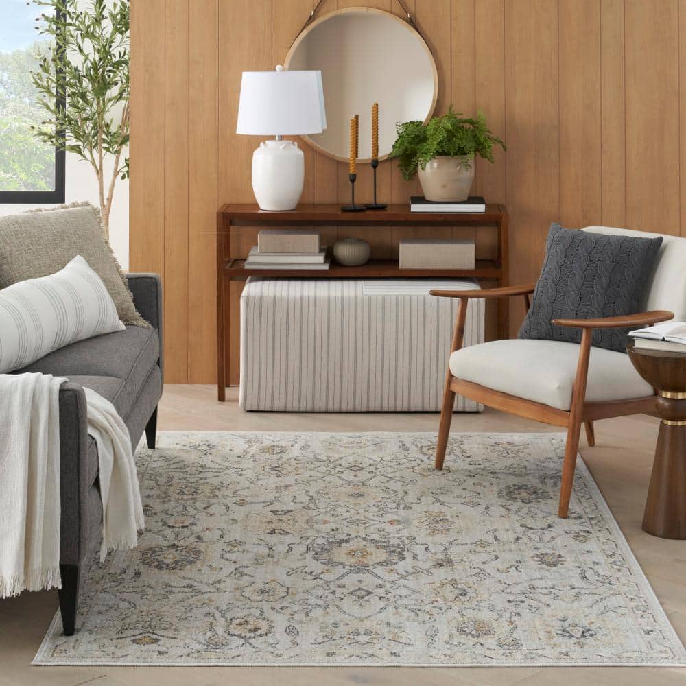 Gray Floral Rectangular Synthetic Rug 5'5" x 7'3"