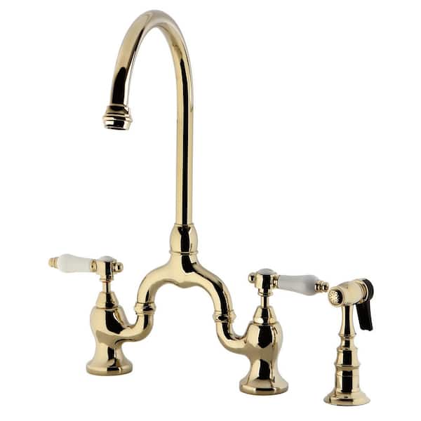 Kingston Brass Bel-Air Double-Handle Deck Mount Bridge Kitchen Faucet with Brass Sprayer in Polished Brass
