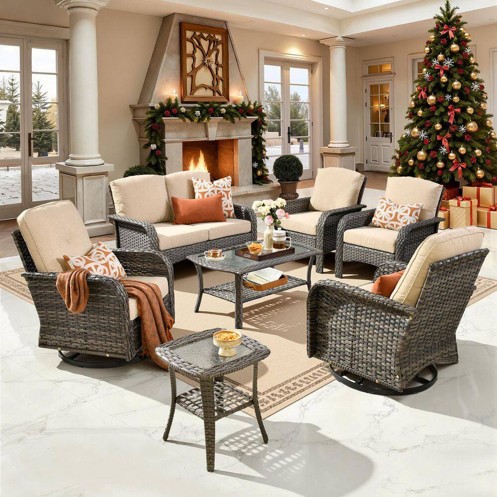 Denali Gray 7-Piece Modern Wicker Patio Conversation Sofa Seating Swivel Rocking Chairs Set with Beige Cushions price history on PriceWatchPro