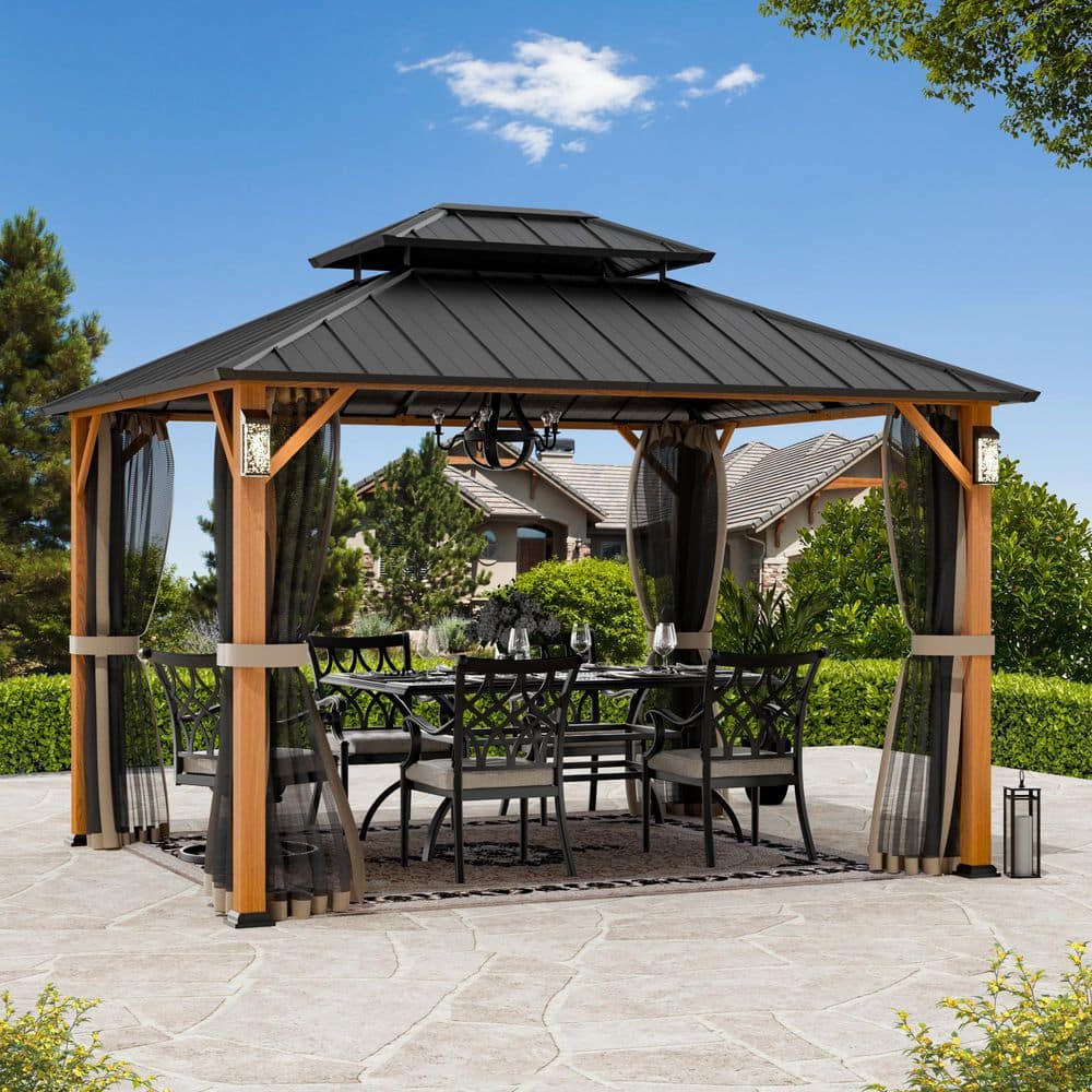 COVERED OUTDOOR OUTDOOR LIVING SPACES Ultra Series 10 ft. x 12 ft. Permanent Hardtop Gazebo With Solar LED Lights, Mosquito Nettings, Wood Looking IG106000912WTHD