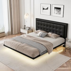 Floating Style Black Wood Frame Queen Size PU Upholstered Platform Bed with Motion Activated Night Lights