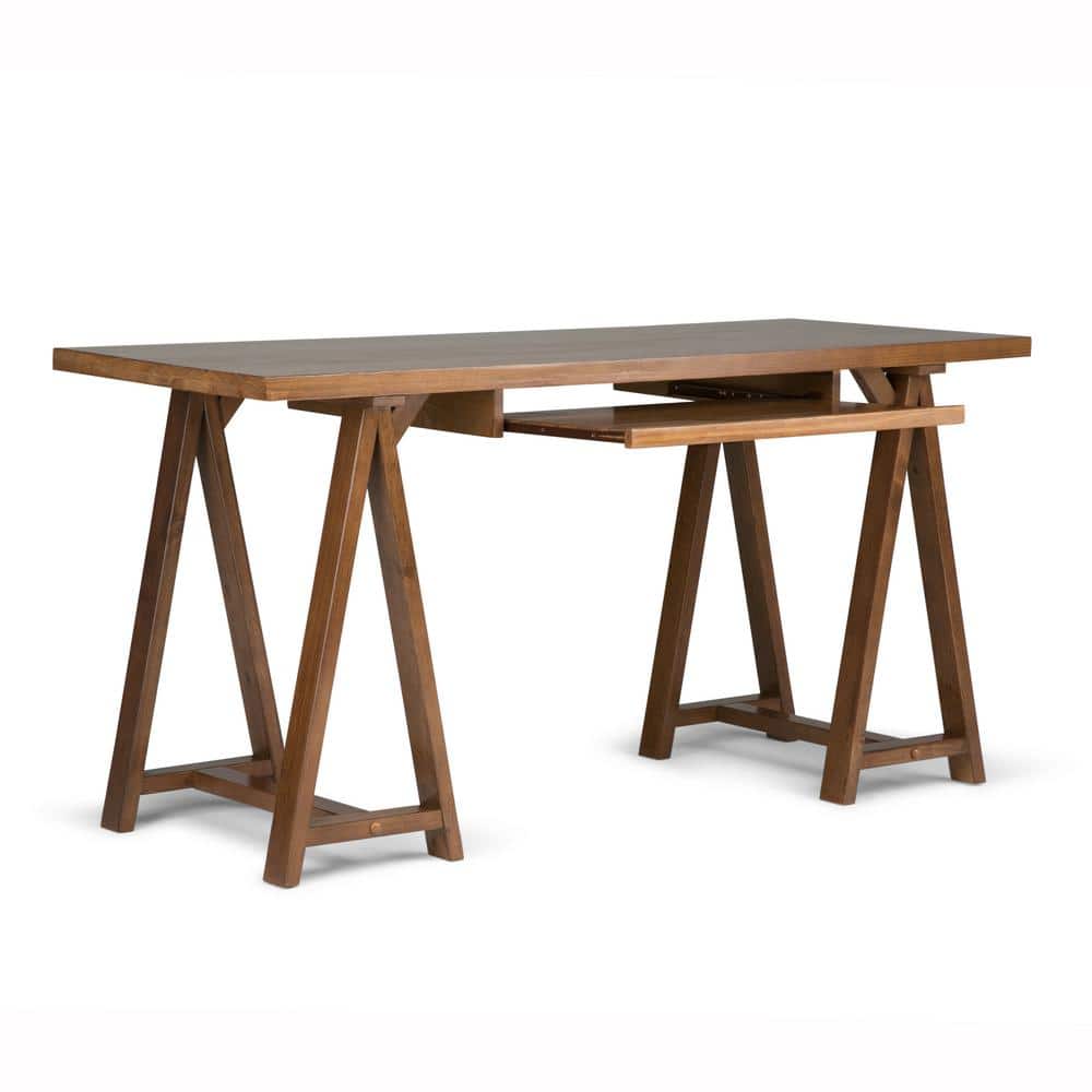 Sawhorse Solid Pine 60" Desk with Keyboard Tray in Medium Saddle Brown