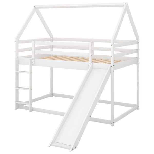 YOFE White Twin Size Bunk Bed with Slide and Ladder for Kids, Teens, Adults House Bed