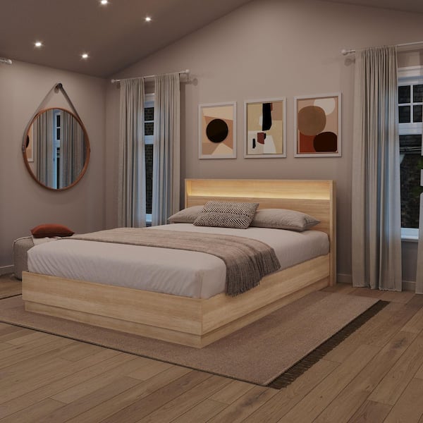 Gael Beige Oak Queen Size Headboard with Integrated Lighting