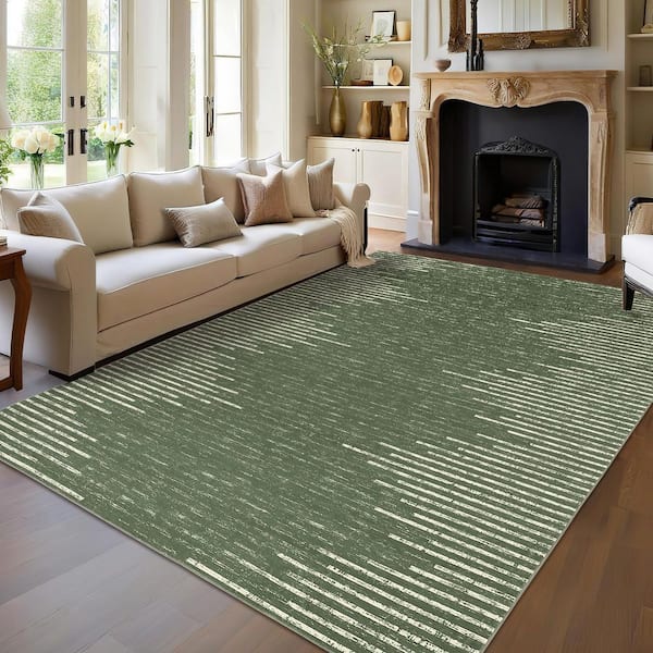 Washable Dark Green 10 ft. x 13 ft. Modern Striped Printed Low Pile Soft Thin Carpet Stain Resistant Nonslip Area Rug