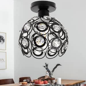 8 in. 1-Light Black Semi Flush Mount - Ceiling Fixture with Antique Metal Crystal Shade