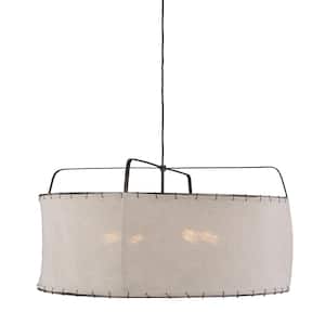 Dunne 34 in. W 4-Light Aged Iron Pendant with Sewn Natural Linen Shade