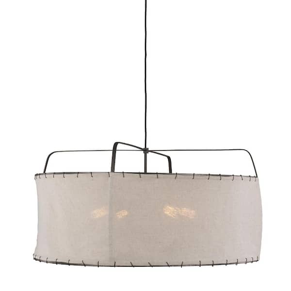Dunne 34 in. W 4-Light Aged Iron Pendant with Sewn Natural Linen Shade