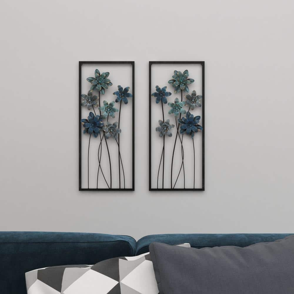 Elegant Gray and Blue Floral Metal Wall Sculptures (Set of 2)