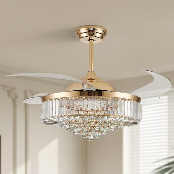 52 in. Indoor Gold Smart Retractable Crystal Ceiling Fan with Adjustable LED Light Included with Remote and App Control