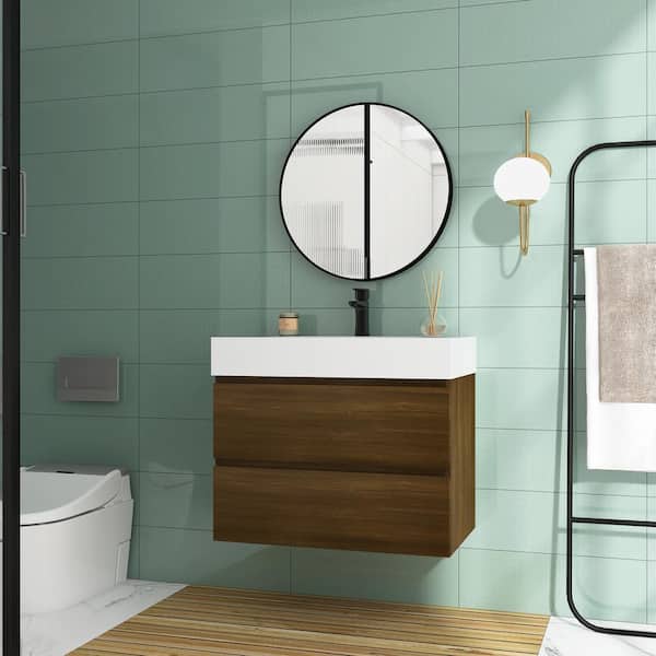JimsMaison 30 in. W x 18 in. D x 25 in. H Single Sink Wall-Mounted Bath Vanity in Dark Oak with White Cultured Marble Top