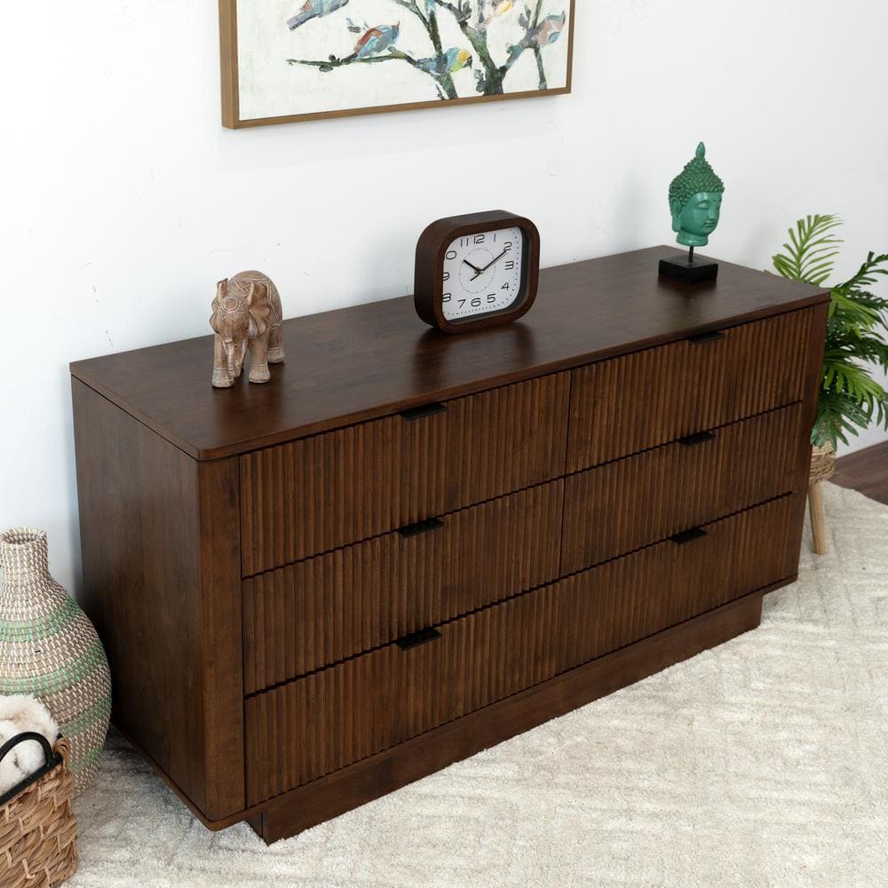 Walnut Brown Mid-Century Modern Solid Wood 6-Drawer Dresser