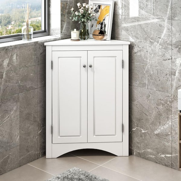 17.2 in. W x 17.2 in. D x 31.5 in. H White MDF Board Freestanding Corner Linen Cabinet with Adjustable Shelves in White