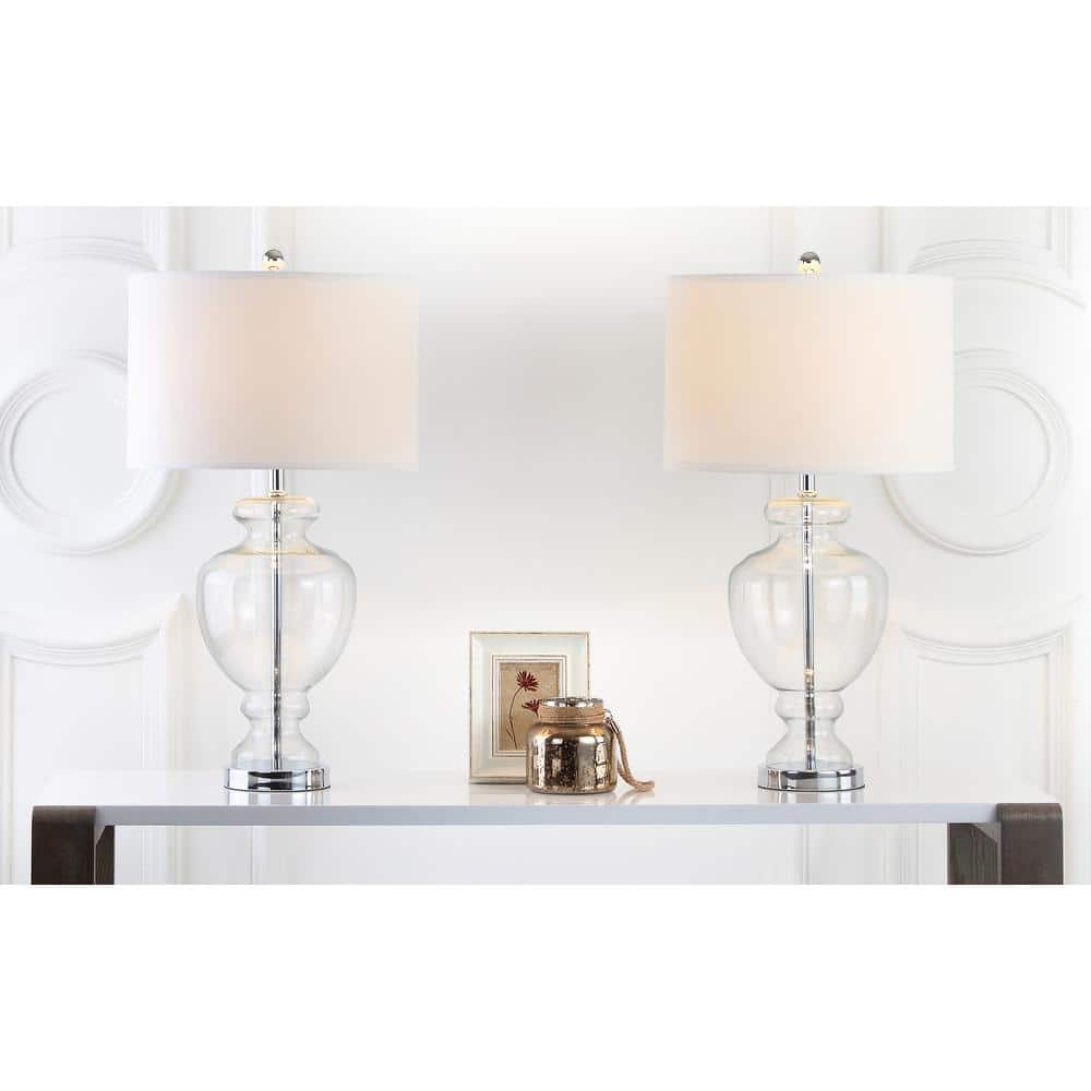 Clear Glass Table Lamp Set with Silver Fittings and Off-White Shade