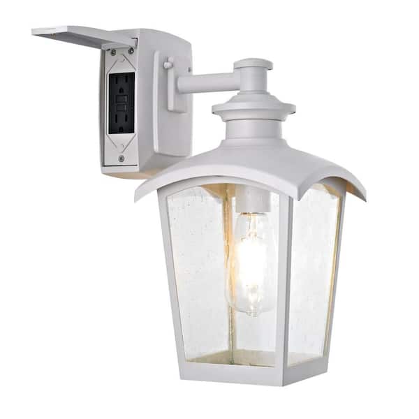 Home Luminaire Spence 1-Light White Outdoor Wall Lantern Sconce with Seeded Glass and Built-In GFCI Outlets