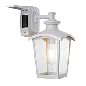Spence 1-Light White Outdoor Wall Lantern Sconce with Seeded Glass and Built-In GFCI Outlets