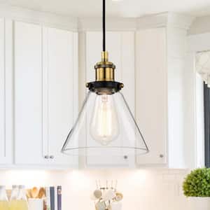 Mateo 1-Light Black and Antique Brass Mini Pendant Light with Clear Glass Shade