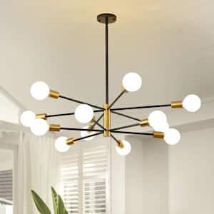 12-Light Modern Height Adjustable Sputnik Chandelier Black and Gold for Bedroom Living Room Dining Room Kitchen Foyer