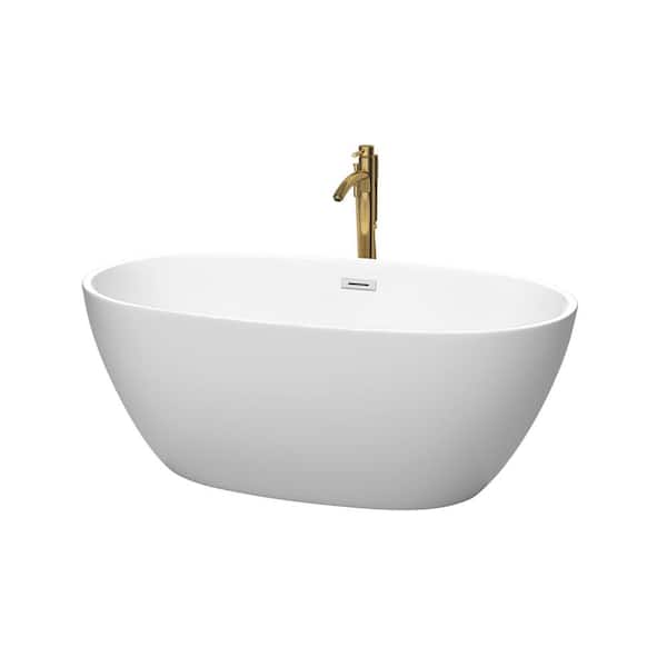 Juno 59 in. Acrylic Flatbottom Bathtub in Matte White with Polished Chrome Trim and Brushed Gold Faucet