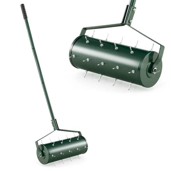 Costway 18 in. Manual Lawn 30-Tine Spike Aerator Rolling Push Grass Filled with Sand or Stone Aeration Tool in Green